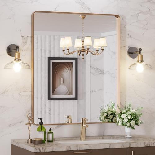 LOAAO 30”X36” Gold Bathroom Mirror, Rounded Rectangle Gold Frame Mirror, Brushed Gold Bathroom Vanity Mirror Wall-Mounted, Anti-Rust, Tempered Glass, Hangs Horizontally or Vertically