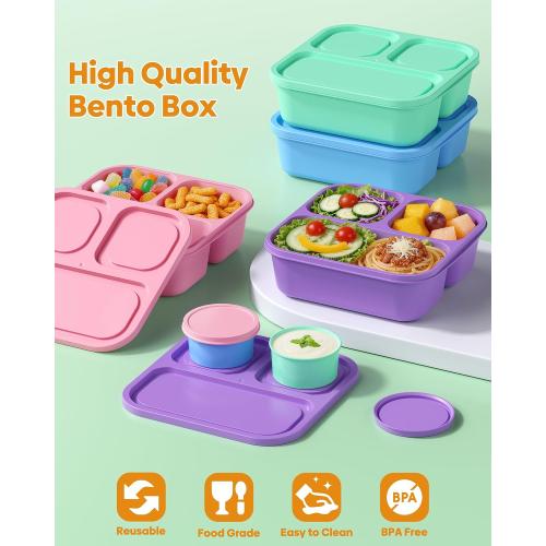 Canfanni 4 Pcs Bento Box Set, Reusable 3 Compartments Snack Boxes with 2 Leakproof Small Containers, Stackable Meal Prep Lunch Containers for School, Work, and Travel