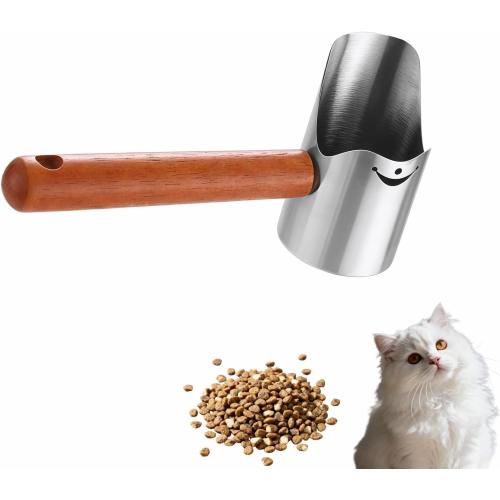 Multi-Pet Food Scoop, Pet Food Measuring Scoop with Wooden Handle,Carbon Steel with Ergonomic Wood Handle, for Dry Food & Treats, Accurate Portion Control for Dog Cat Bird Rabbit. (Grey, Small)