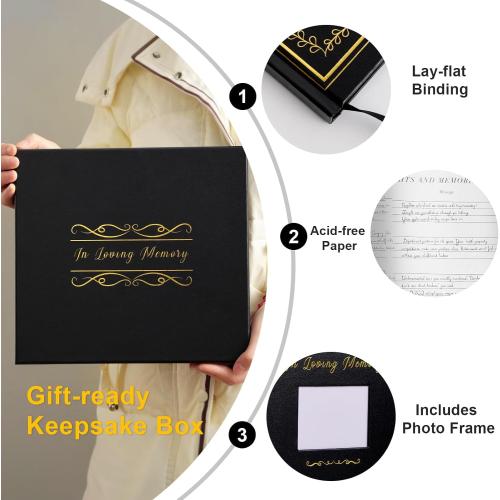 Funeral Guest Book for Memorial Service, Hardcover Funeral Sign in Book for Guests, Celebration of Life Decor with Pen and Sign, in Loving Memory Book Sympathy Gift Box-Black