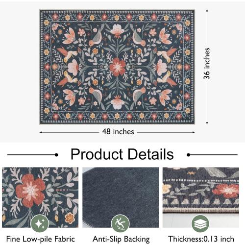 Anidaroel 36x48 Office Chair Mat for Hardwood Floor, Black Floral Computer Chair Mat, Anti-Slip Vintage Under Desk Rug for Office, Low Pile Bird Bug Office Rugs for Rolling Chairs