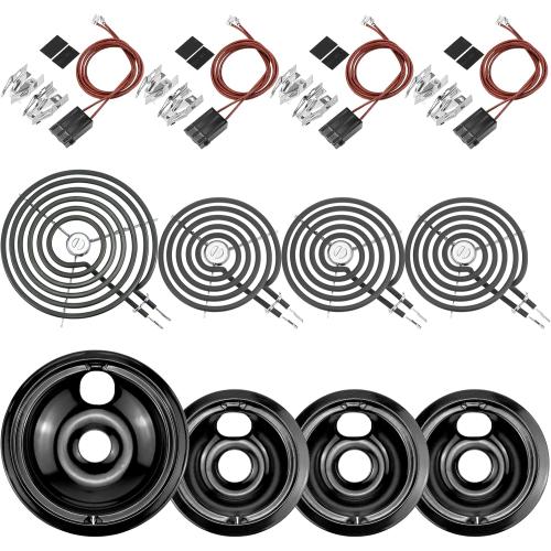 Black Burner Drip Pans WB31M19(8”) WB31M20(6”) Electric Stove Burner Replacement WB30M1(6) WB30M2(8)&WB17T10006 Terminal Block Compatible for G-E Hot-point Ken-more by MIFLUS