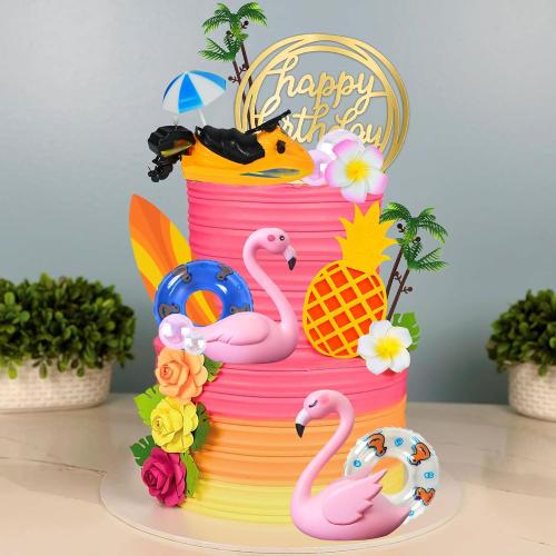 DRWATE Flamingo Cake Toppers Summer Cake Decorations Pineapple and Hibiscus Flower Yacht Surfboard Cake Toppers for Tropical Hawaiian Beach Luau Themed Party Supplies (Style 01)