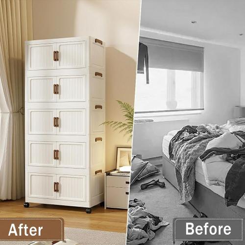302QT Modular Stackable Storage Bins with Lids, Rolling Lidded Storage Containers with Wheels, Collapsible Drawer Storage Bins for Clothes, Container Drawers for Bedroom Dorm, Cream（6 Pack）