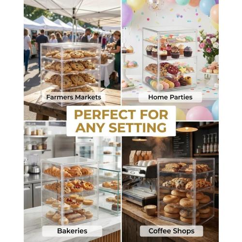 Cookie Display Stand for Bakers, Vendors, Market Booth, Craft Fair, Events | Acrylic Pastry Case with Door for Cupcake, Muffin, Donuts | 4 Tiered Cookie Display Rack with Full Angle Visibility
