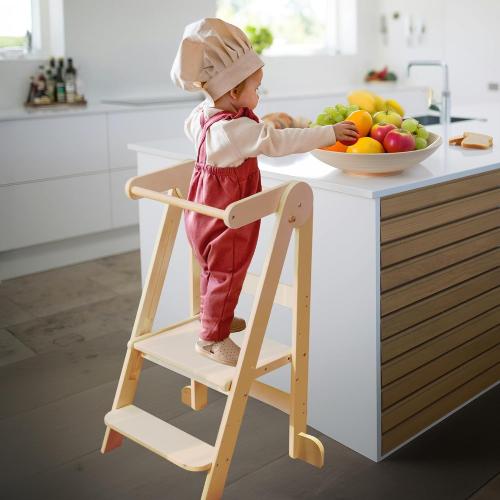 Foldable Toddler Tower Kitchen Step Stool, Folding Tower for Learning with 3 Adjustable Heights, Montessori Toddler Standing Tower Collapsible Step Stool for Kids 1.5-6y Natural