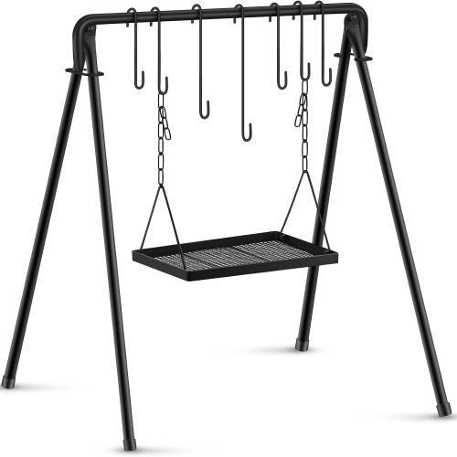 Campfire Swing Grill Stand Adjustable Grill Cooking Stand Hanging Rack with 8 Hooks and Accessories Campfire Cooking Equipment for BBQ Picnic Outdoor Party(Normal Tray)