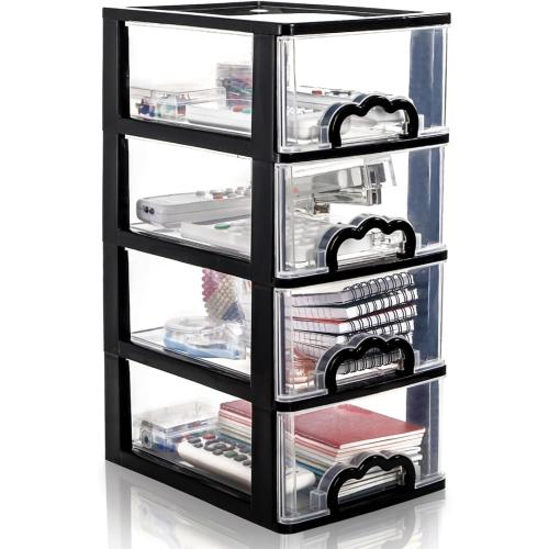 Desktop Organizer with 4 Drawers, Clear Plastic Storage Drawer Unit, Small Desk Organizer Storage Box, Durable Storage Bin Container Case for Countertop Stationery Pens Makeup Office Supplies