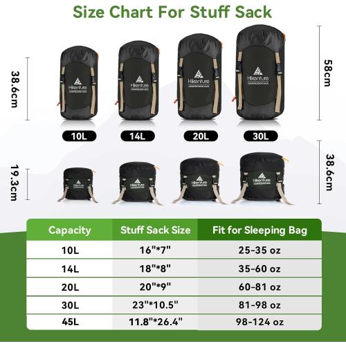 Hikenture Sleeping Bag Stuff Sack, Anti-Tear Ultralight Compression Sack | Water-Resistant Sleeping Bag Storage Sack, 10L/14L/20L/30L/45L Sleeping Bag Cover, Save 50% of Storage Space