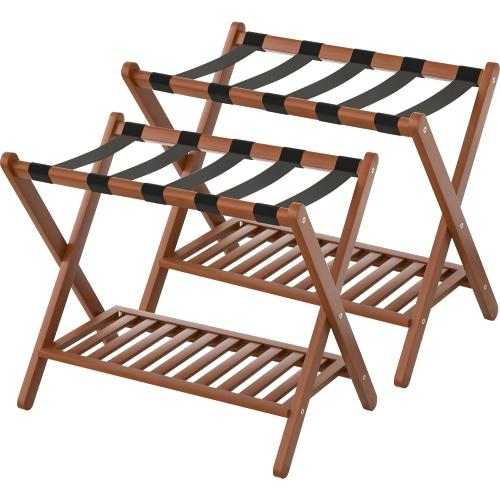 Luggage Racks Set Of 2 Suitcase Stand Foldable With Storage Shelf For Guest Room Hotel Essentials Solid Bamboo Heavy-Duty Item Holder Chestnut Brown