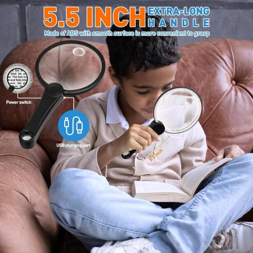 30X 40X 60X Rechargeable Magnifying Glass with Light, Large 5.2-Inch