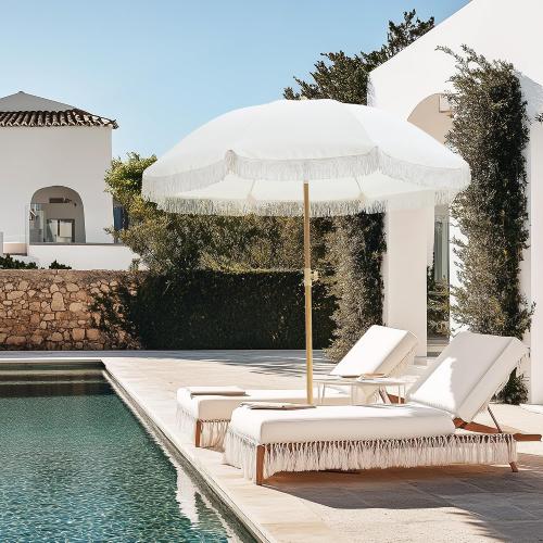 6.5FT Boho Patio Umberlla with Fringe,UPF50  Outdoor Umbrella with Fiberglass Ribs and Push Button Tilt,Tassels Umbrella for Beach,Terrace,Picnic