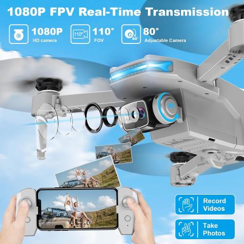 Drone with 1080P Camera - Foldable Remote Control Quadcopter with Voice Gesture Control, 3D Flip, One Key Start, Emergency Stop, 2 Batteries, Easier to use, Toy for Adults Beginners, Grey
