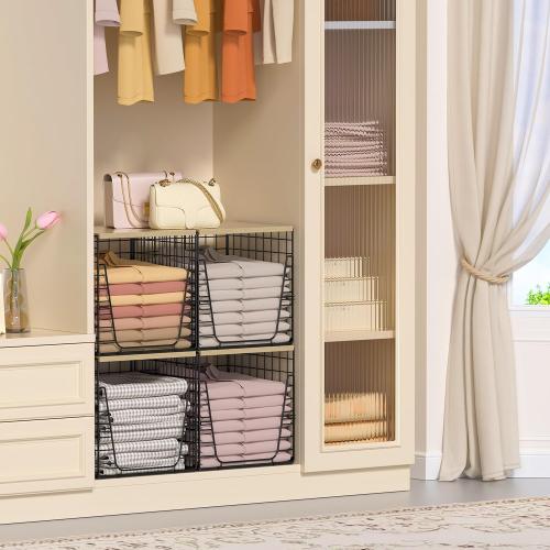 SWTYMIKI 2PCS Closet Organizers and Storage - Stackable Closet Basket with Wood Top Shelf, Clothes Storage Shelves, Clothes Drawer Bins for Wardrobe, Bedroom, Entryway, Black