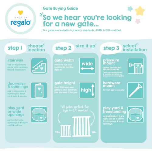 Regalo Safety 29-43 Top of Stairs Baby Gate, Extra Wide Baby Gate, Extra Wide Hardware Mounted Stair Gate with Banister & Wall Mount Kit, Walk-Through Safety Gate with Door for Toddlers & Pets
