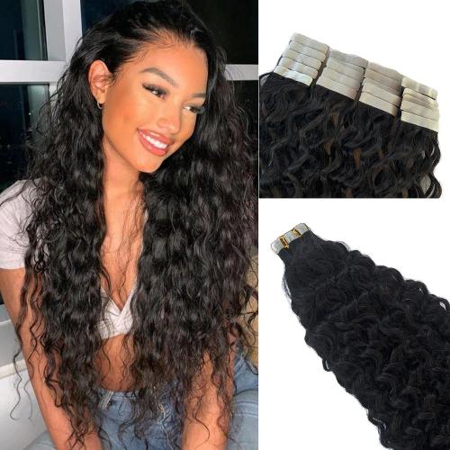 Water Wave Tape in Hair Extensions Human Hair for Black Women, Tape ins 100% Real Human Hair Extensions Double Sided 24Inch Black Tape on Human Hair Skin Weft Wavy Human Hair Extensions 50G 20PCS
