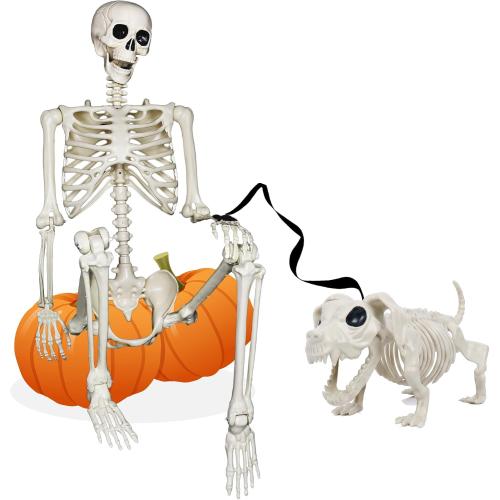 NEROSUN  Halloween Skeletons Decoration, Posable Life Full Size Skeleton with Dog Skeleton, Realistic Plastic Human Bones for Halloween Props Haunted House Graveyard Party Decor