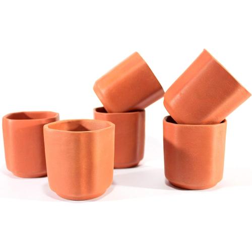 Clay Glasses Reusable Kullad (Set of 6) - Terracotta Glasses Tea Coffee Cups Drinkware Kullad (Octagonal Shape)
