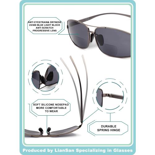 LianSan Retro Polarized Bifocal Sunglasses for Men Women,Metal Frame Top Clear Sun Readers with UV Protection Anti Glare(Gunmetal,1.50x)