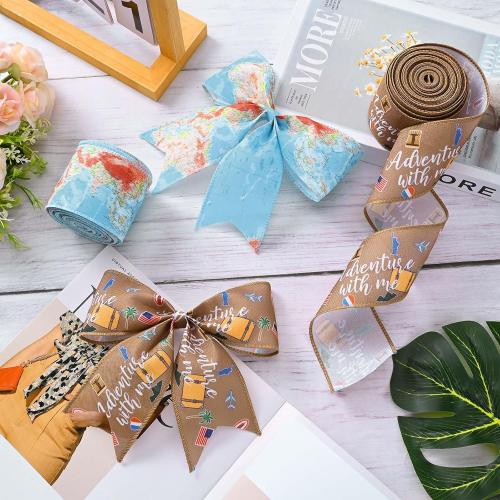 2Rolls 20 Yards Travel Wired Ribbon Adventure Awaits World Map Airplane Printed Ribbon for Gift Wrapping Bow Wreath Making for Baby Shower Birthday Party DIY Craft Decorations