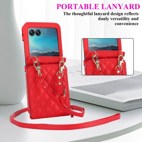 Asuwish Phone Case for Motorola Razr Plus 2023/Moto Razr 40 Ultra Wallet Crossbody Lanyard Strap & Kickstand Hinge Protection Heavy Duty Matte Hard Card Holder Cover Razr    5G XT2321-3 Women Men Red