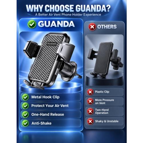 Air Vent Car Phone Holder, Metal Hook Clip, One-Hand Release, Anti-Shake