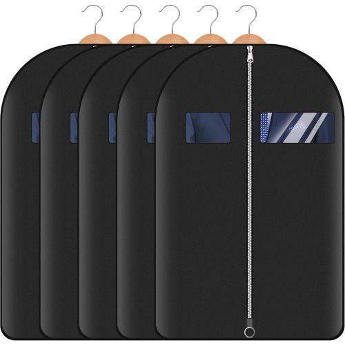 Hleelomi 5 Pack 40-inch Suit Bag Garment Bag for Travel and Storage, Garment Bags for Hanging Clothes with Zipper and Visible Transparent Window, Black