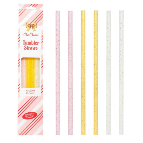 CharCharms 6pk 40oz Holiday Glitter Water Bottle Straws Pink/Gold/White
