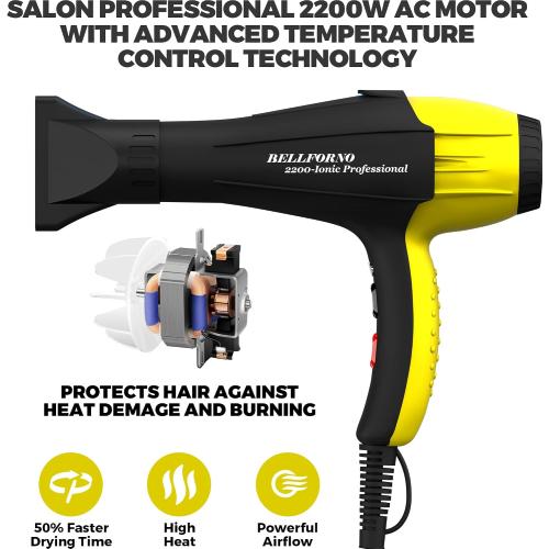 High-Power 2200W Ionic Hair Dryer - Fast-Drying, Constant Temperature Technology, AC Motor - Ideal for Curly Hair Care, Suitable for All Hair Types - HairDryer for Both Women and Men Black/Yellow