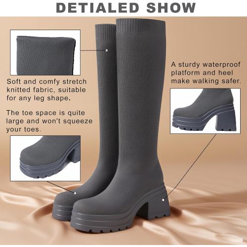 SIZE 7.5 CELNEPHO Women Knee High Boots Knit Sock Chunky Heel Platform Tall Boots