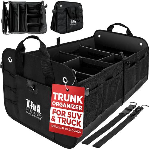 Car Trunk Organizer for SUV, Truck & Auto Cargo Storage, XL Black | Fits Cars, SUVs & Trucks 6 Adjustable Compartments Non-Slip Base & Securing Straps Foldable 11 Pockets Car Accessories