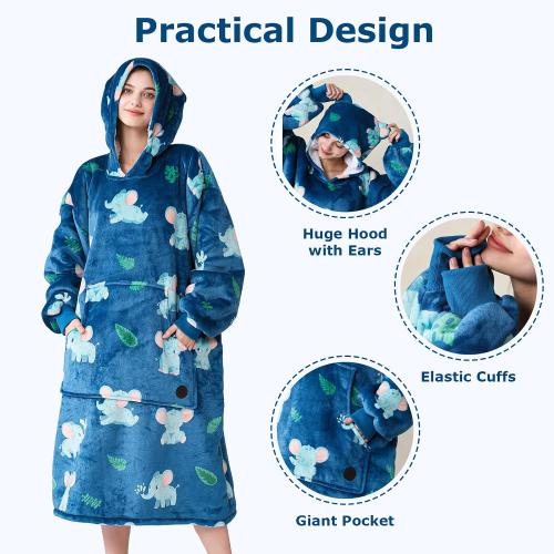 THREE POODLE Wearable Blanket Hoodie, Oversized Sherpa Sweatshirt Blanket for Adults Women Men, Warm Cozy Elephant Hooded Blanket, Gifts for Mom Girlfriend