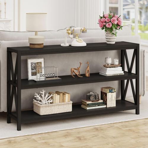 FATORRI Console Table for Entryway, Long Sofa Table with Shelves Under Window, Wood and Metal Hallway Tables for Foyer (55 Inch, Black)