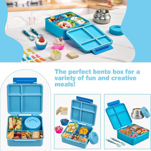 Bento Lunch Box with 9.5 oz Soup Thermo, Kids Leakproof 4 Compartments Bento Box with Silicone Cupcake,Fruit Fork,Spoon and Sauce Cup,Insulated Food Jar for School Travel-Blue