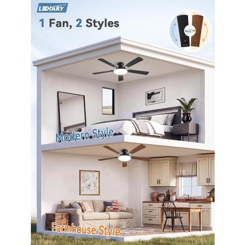 LEDIARY 52 Inch Flush Mount Ceiling Fans with Lights, Remote & APP Control