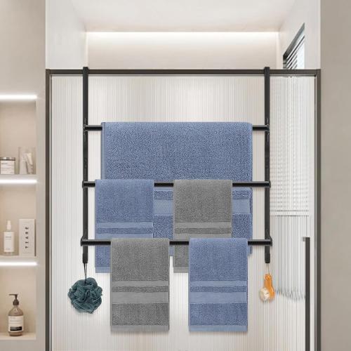 Livabber 3-Tier Over The Door Towel Rack, All Metal Towel Rack with Hooks for Door Hanging, Behind Door Towel Bar Towel Storage Holder for Bathroom Accessories, Black (22.8 L x 5.9 W x 24.4 H)