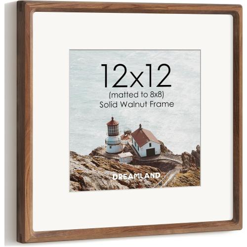 Dreamland 12x12 Picture Frame, USA-Sourced Walnut Wood Photo Frames with HD Tempered Glass, 12 x 12 Wooden Frame Matted to 8 x 8, 12x12 Frames Handcrafted Rounded Corner for Tabletop or Wall Display