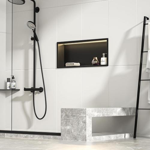 Led Shower Niche 24 X 12 Matte Black 304 Stainless Steel with Lighting IP66 Waterproof No Tile Needed Shower Niches for Bathroom Storage Recessed Wall Niche Shower Led Driver Included