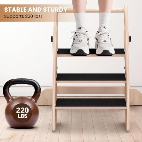 Toddler Step Stool, Wooden Foldable 3-Step Stool for Kids, Potty Training Stool with Handles and Non-Slip Strips for Bathroom Sink, Kitchen, Bedroom