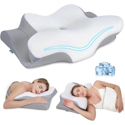 Cervical Neck Pillow, Memory Foam Pillows for Neck and Shoulder Pain Relief, 2 Heights Ergonomic Pillow with Breathable Ice Silk Cover, Neck Support Pillow for Side Sleepers White