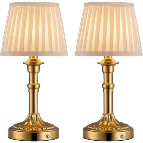 KDG Cordless Portables Table Lamp Set of 2, LED Fabric Shade Small Desk Lamps, 5000mAh Battery Powered Lighting, 2700K Stepless Dimmable Light for Living Room, Dining Room, Bedroom, Bedside (Gold)