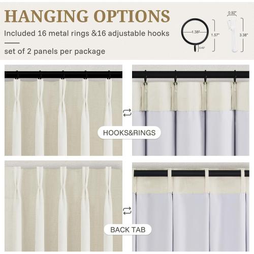 Blackout Cream Curtains 90 Inches Long 2 Panels Set for Living/Bedroom,50Wide Pinch Pleated Cooling Summer Heat 90 Inch Curtain Thick Linen Textured Neutral Boho Drapes with Hooks&Rings(50Wx90L)