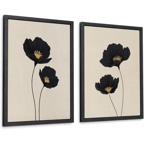 Minimalist Black Gold Flower Bathroom Wall Art Poppy Botanical Art Print