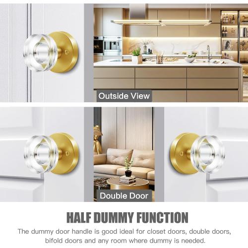 2 Pack Gold Glass Dummy Door Knob Satin Brass Crystal Dummy Door Knobs Interior, Round Modern Door Knob Brushed Gold Dummy Door Handle Interior for Hall Pantry Closet Door Knobs