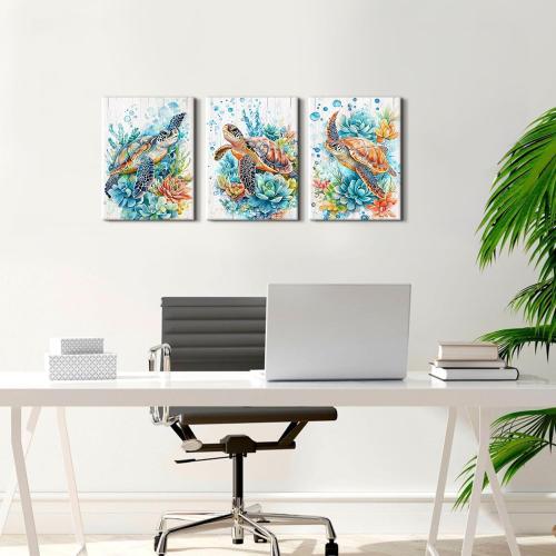 Sea Turtle Wall Decor Teal Ocean Beach Bathroom Wall Art Succulent Pictures Coastal Room Decor Nautical Canvas Paintings Abstract Sea Turtles Theme Posters Artwork Home Bedroom Decoration 12x16” 3Pcs