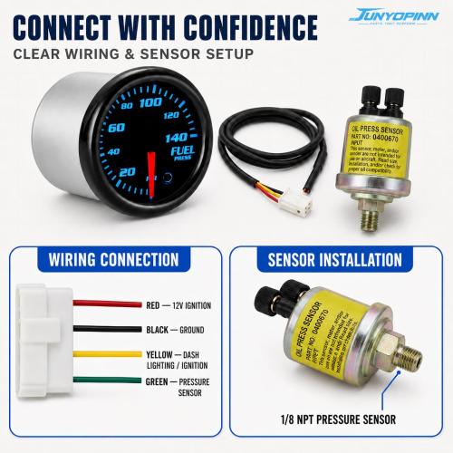 2''52mm Fuel Pressure Gauge 0-140 PSI with Sensor Tinted 7 Color Gauge Kit