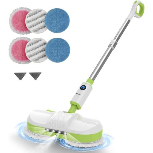 AlfaBot Cordless Electric Mop for Floor Cleaning, Dual Spin Mop with LED Headlight /Water Spray/Self-Propelled,Clean up to 2700 ft²