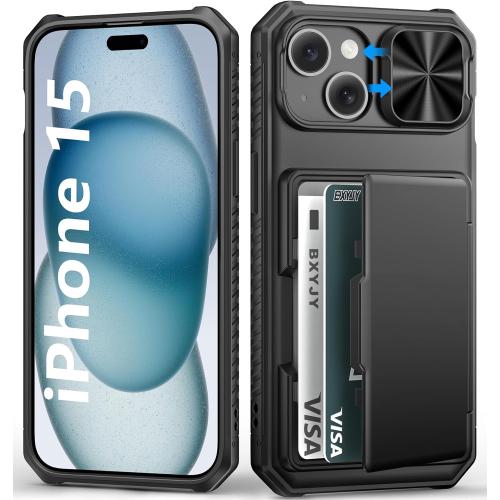 for iPhone 15, iPhone 14, iPhone 13 Wallet Case with Card Holder(4-5 Cards), Slide Camera Cover, Military Drop & RFID Protection, Heavy Duty Women Men Phone Case for iPhone 15/14/13, Black