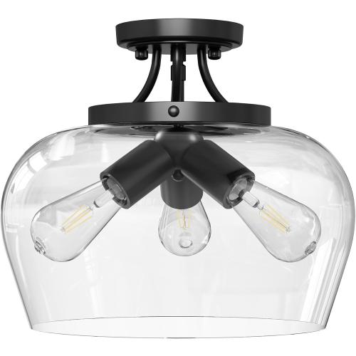 VONLUCE Semi Flush Mount Ceiling Light, 13.8 Ceiling Light Fixture with Clear Glass Shade, E26 Base, 3-Bulb Industrial Lighting Fixture for Hallway Entryway Bedroom, Matte Black, ETL Certificated