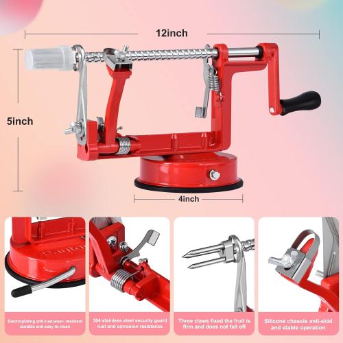 Apple Peeler, Slicer Corer Potato Peelers 3 In 1, Stainless Steel Heavy Duty with Suction Cup Base And 3 Extra Blades (Red)